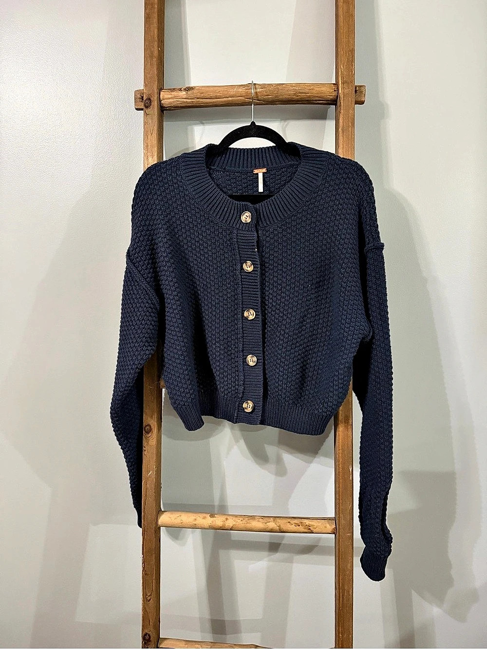 Free People Lila Cardi Sweater Navy Blue Chunky Textured Knit Cropped Cardigan S